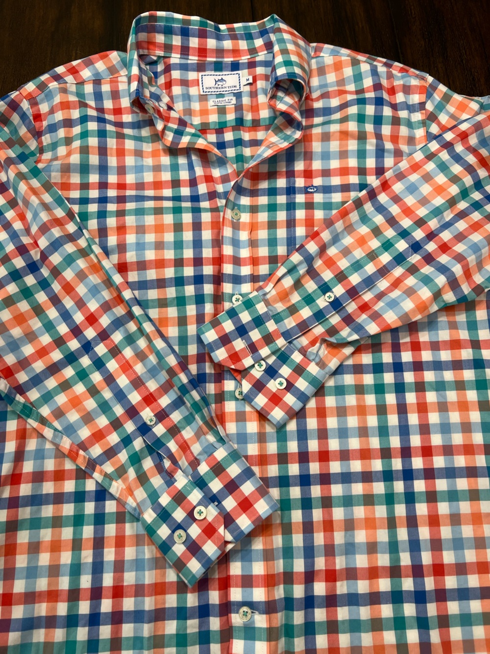Southern Tide Classic Fit Men's Button Down L/S Shirt Size Med Orange Blue Check